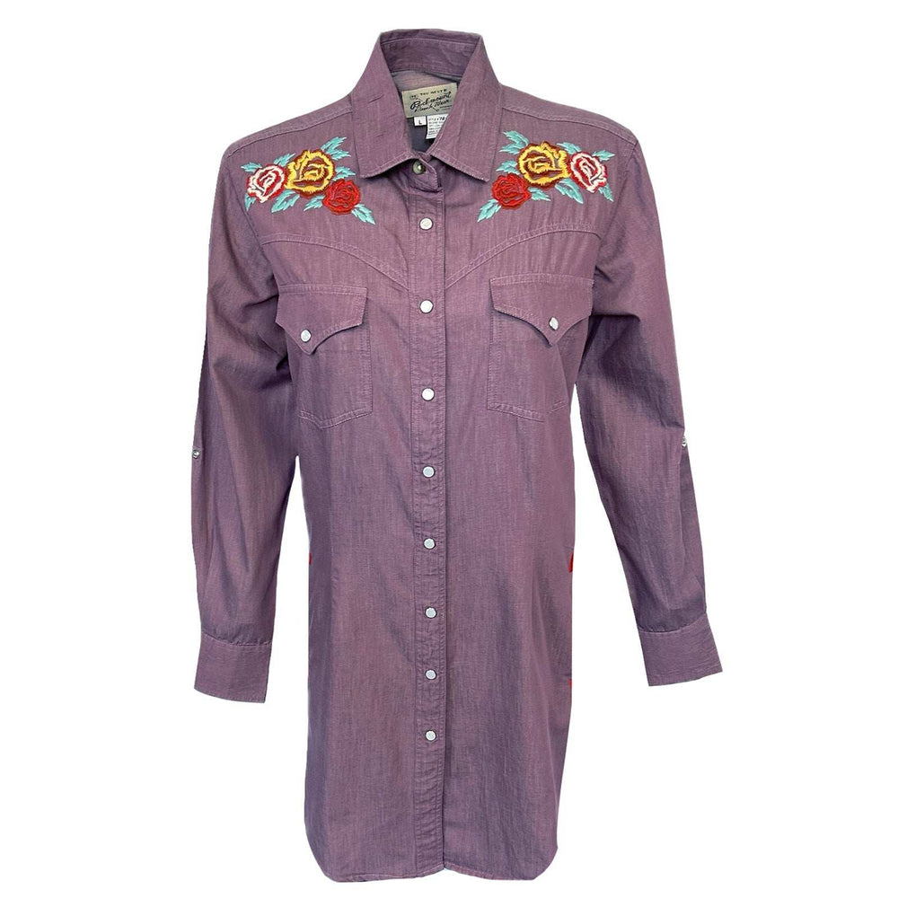 Rockmount Ranch Ware Women's Denim Lavender Western Dress with Floral Embroidery - Rockmount Clothing - Flyclothing LLC