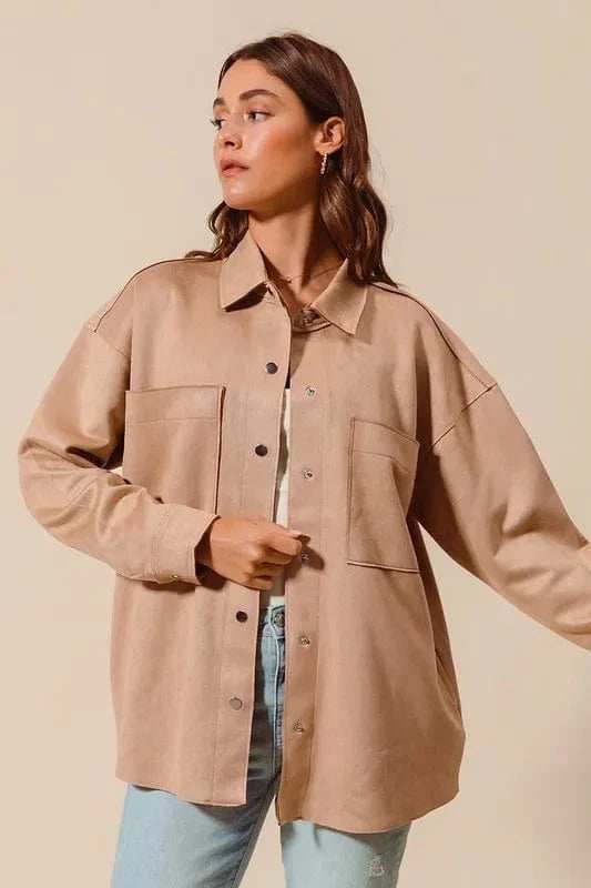 SO ME Faux Sued Snap Shacket with Collar and Pockets - Trendsi - Flyclothing LLC