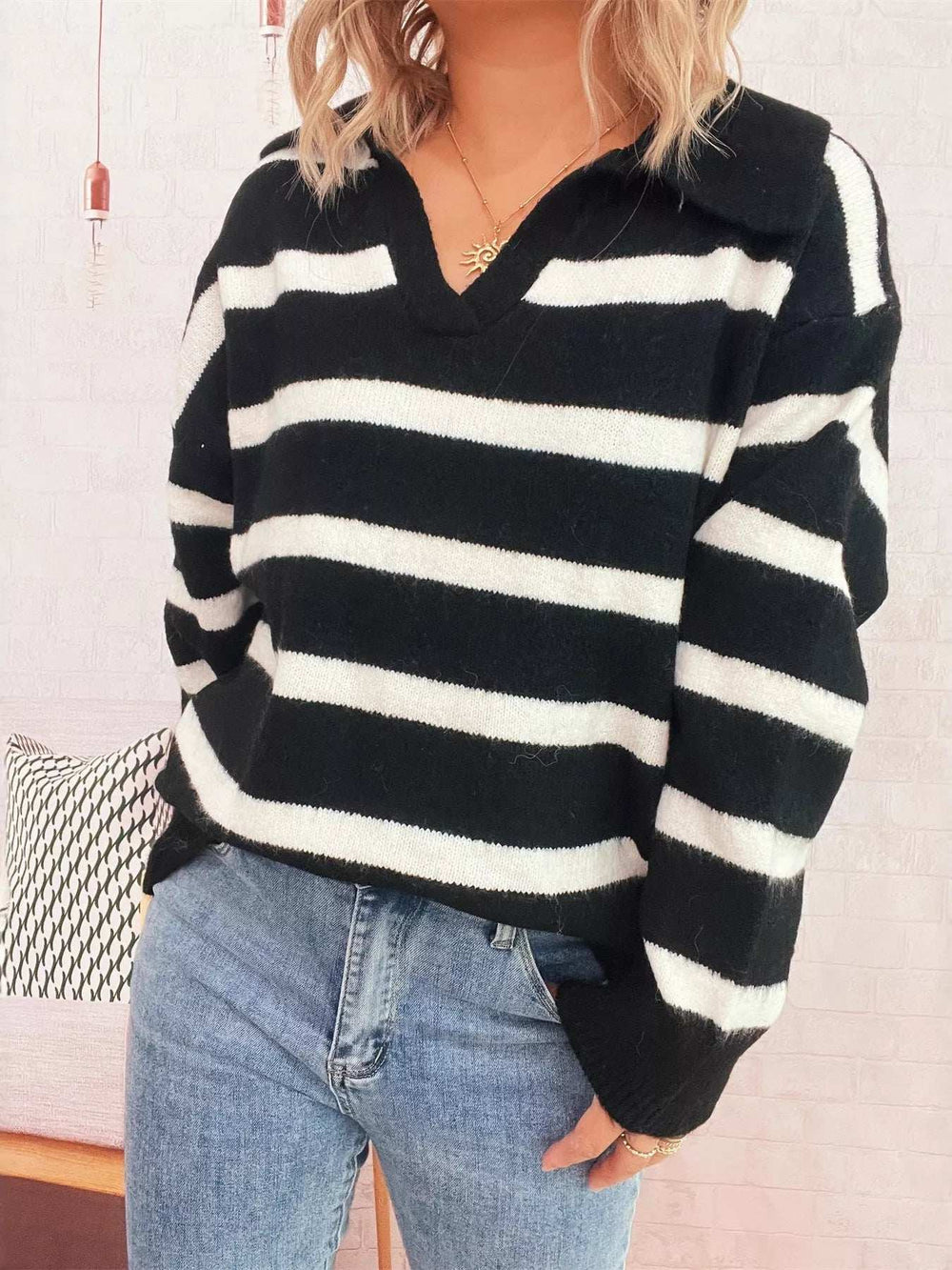 Striped Dropped Shoulder Sweater - Trendsi - Flyclothing LLC