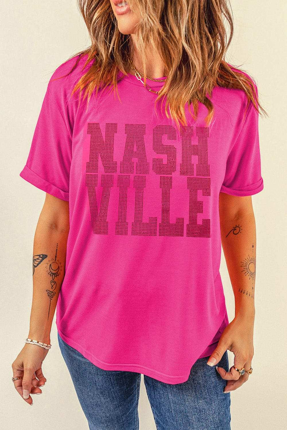 NASHVILLE Round Neck Short Sleeve T-Shirt - Trendsi - Flyclothing LLC