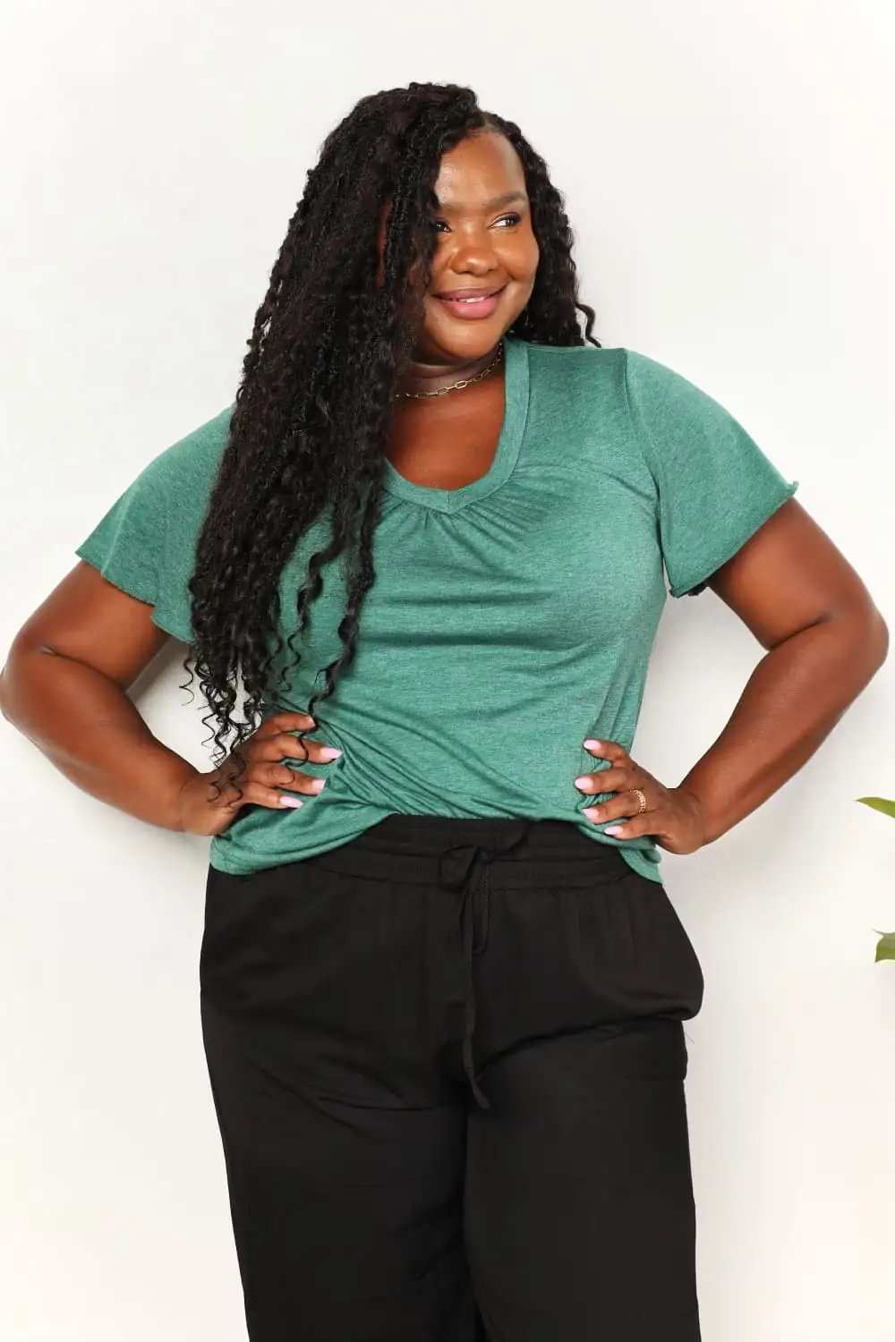 Double Take Ruched V-Neck Short Sleeve T-Shirt - Trendsi - Flyclothing LLC