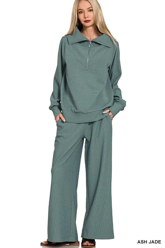 Zenana Ribbed High Neck Half Zip Pullover & Pants Set - Trendsi - Flyclothing LLC