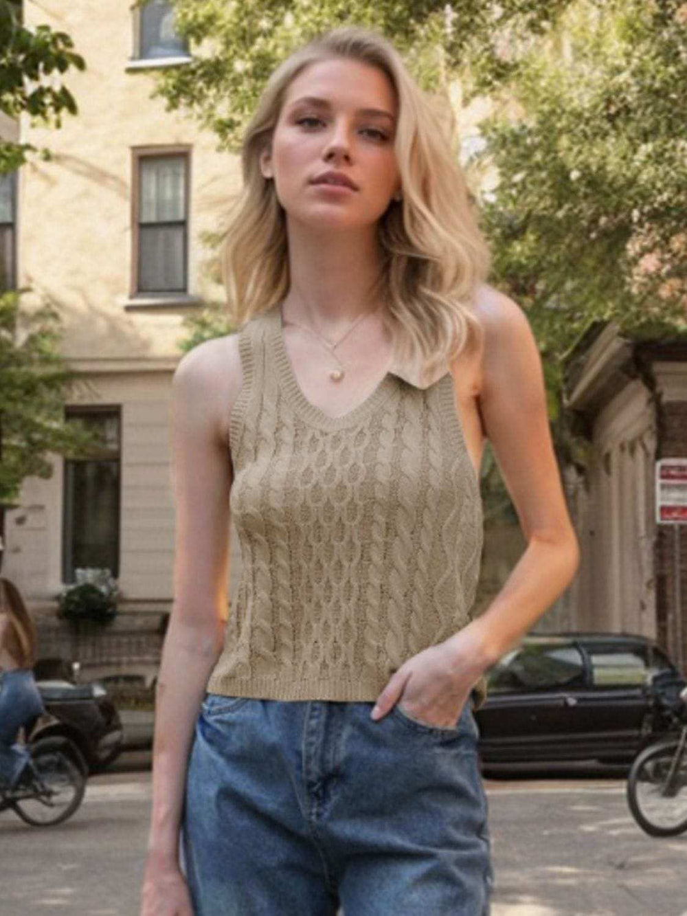 Cable-Knit V-Neck Knit Tank - Trendsi - Flyclothing LLC