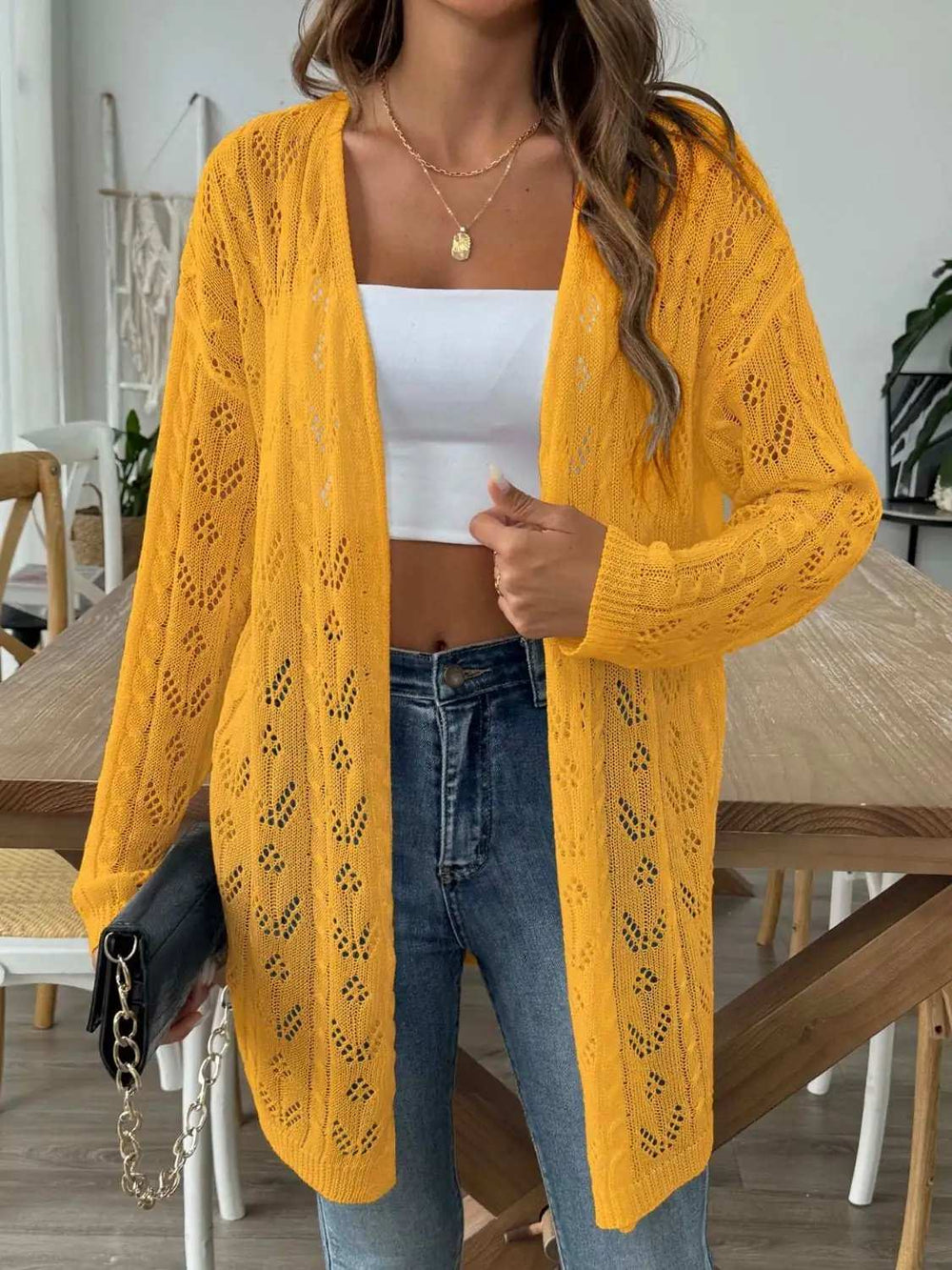 Openwork Open Front Long Sleeve Cardigan - Trendsi - Flyclothing LLC