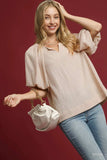 Umgee Texture Puff Sleeve Notched Blouse - Trendsi - Flyclothing LLC