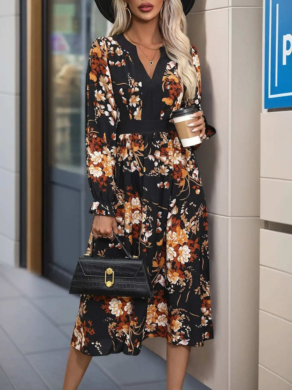 Printed Notched Long Sleeve Midi Dress - Trendsi - Flyclothing LLC