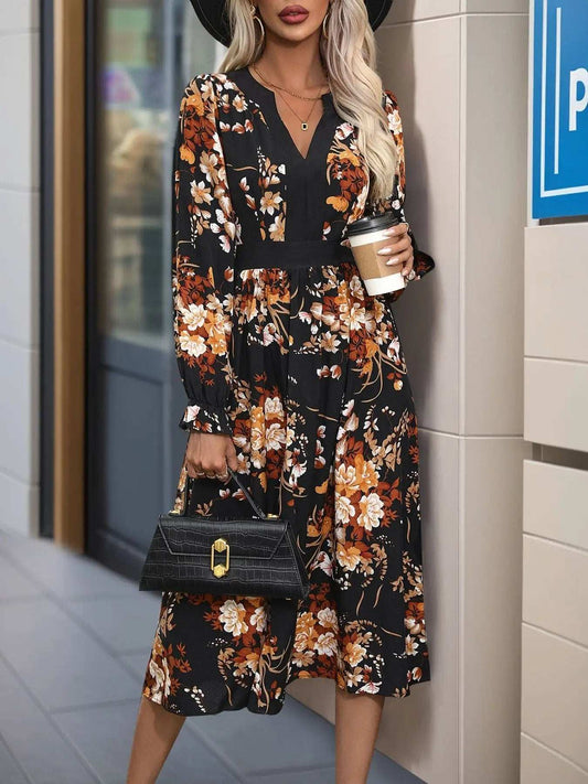Printed Notched Long Sleeve Midi Dress - Trendsi - Flyclothing LLC