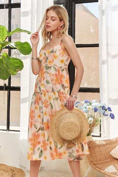 ADORA Smocked Back Floral Adjustable Strap Midi Dress - Trendsi - Flyclothing LLC