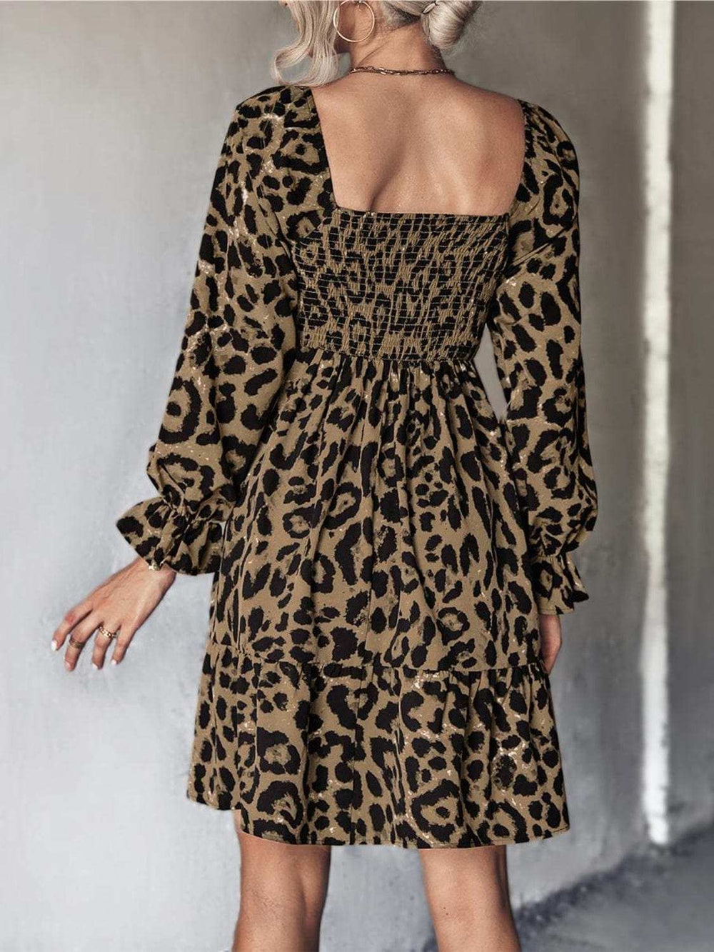 Leopard Smocked Flounce Sleeve Mini Dress - Trendsi - Flyclothing LLC