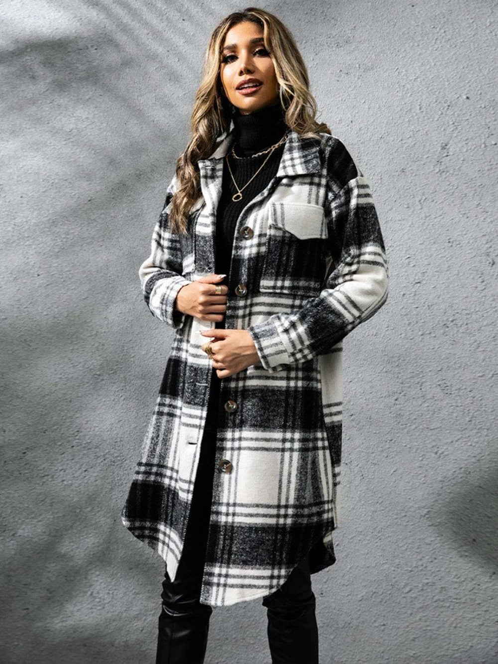 Plaid Collared Neck Long Sleeve Coat - Trendsi - Flyclothing LLC