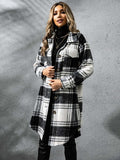 Plaid Collared Neck Long Sleeve Coat - Trendsi - Flyclothing LLC