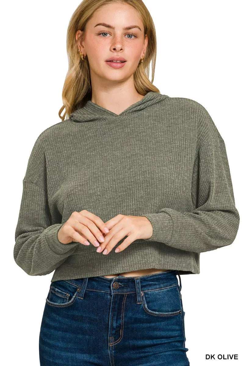 Zenana Drop Shoulder Ribbed Crop Hoodie - Trendsi - Flyclothing LLC