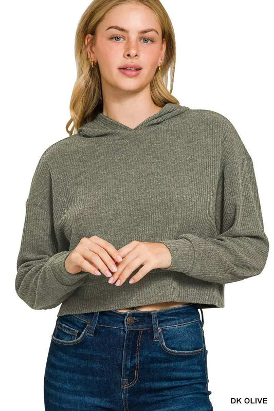 Zenana Drop Shoulder Ribbed Crop Hoodie - Trendsi - Flyclothing LLC