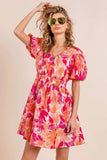 BiBi Floral V-Neck Puff Sleeve Mini Dress - Trendsi - Flyclothing LLC