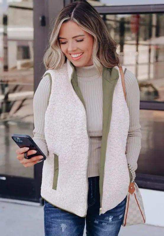 Fuzzy Zip Up Vest Coat with Pockets - Trendsi - Flyclothing LLC