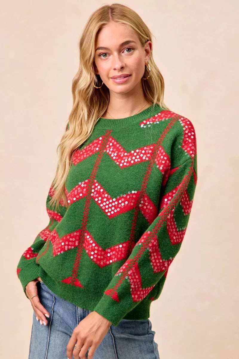 BiBi Christmas Theme Chevron Sequins Detail Sweater - Trendsi - Flyclothing LLC