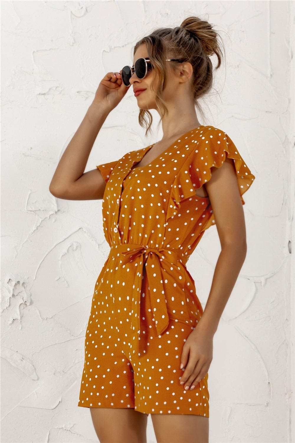 Ruffled Polka Dot Half Button Romper - Trendsi - Flyclothing LLC