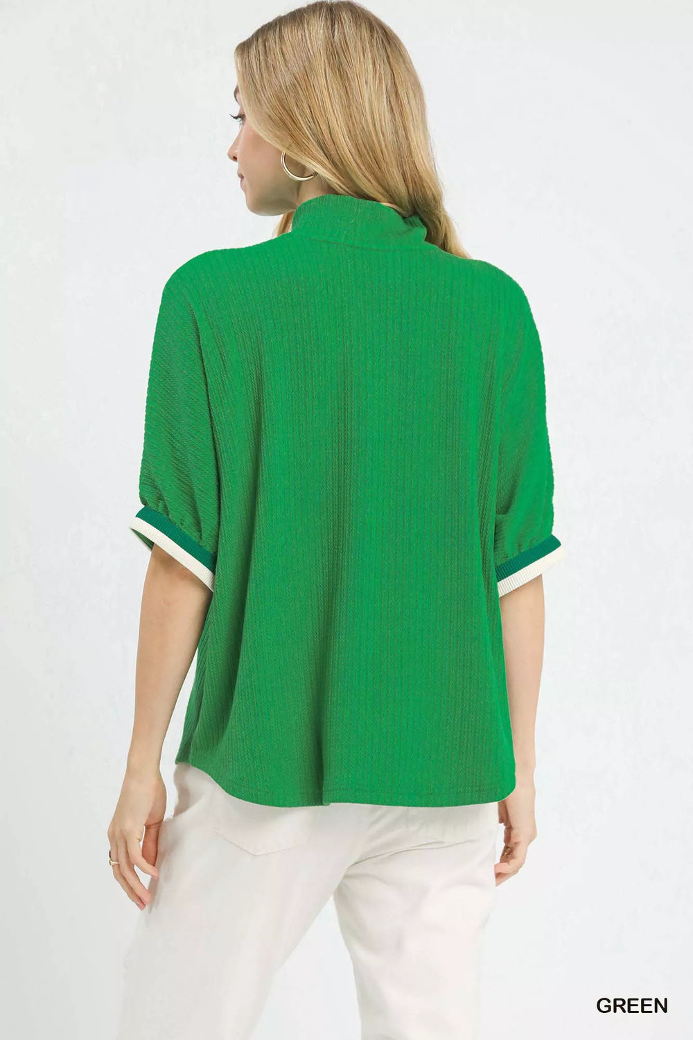 Umgee Textured Knit Top with Striped Contrast Trim - Trendsi - Flyclothing LLC