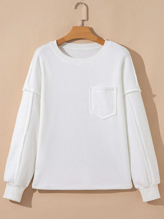 Exposed Seam Chest Pocket Knit Pullover Sweatshirt - Trendsi - Flyclothing LLC