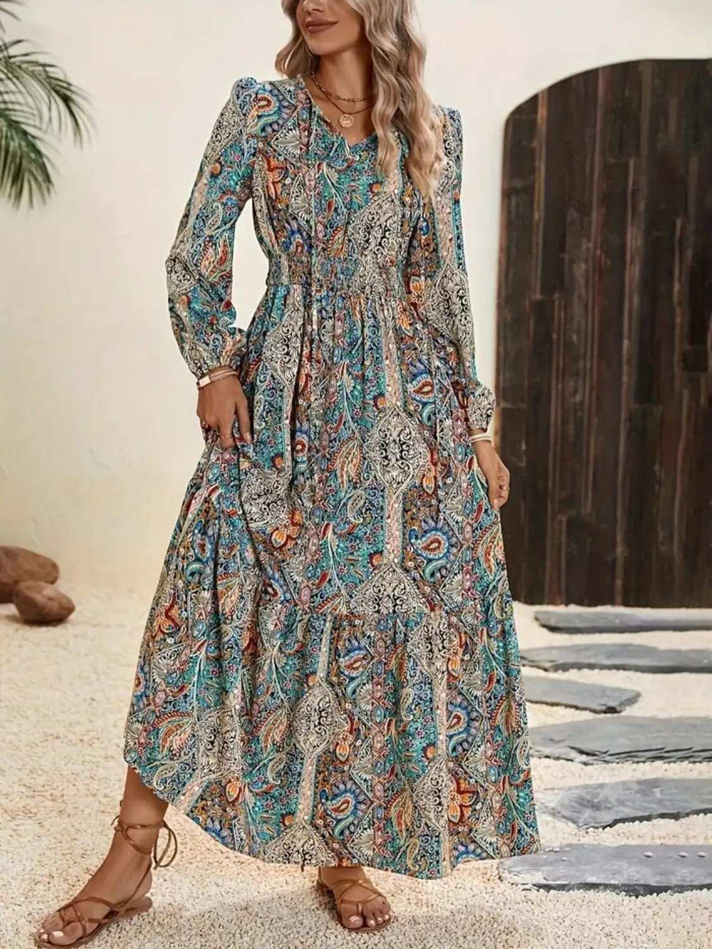 Printed Tie Neck Long Sleeve Maxi Dress - Trendsi - Flyclothing LLC