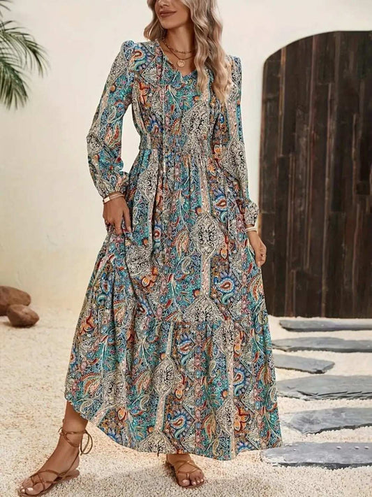 Printed Tie Neck Long Sleeve Maxi Dress - Trendsi - Flyclothing LLC