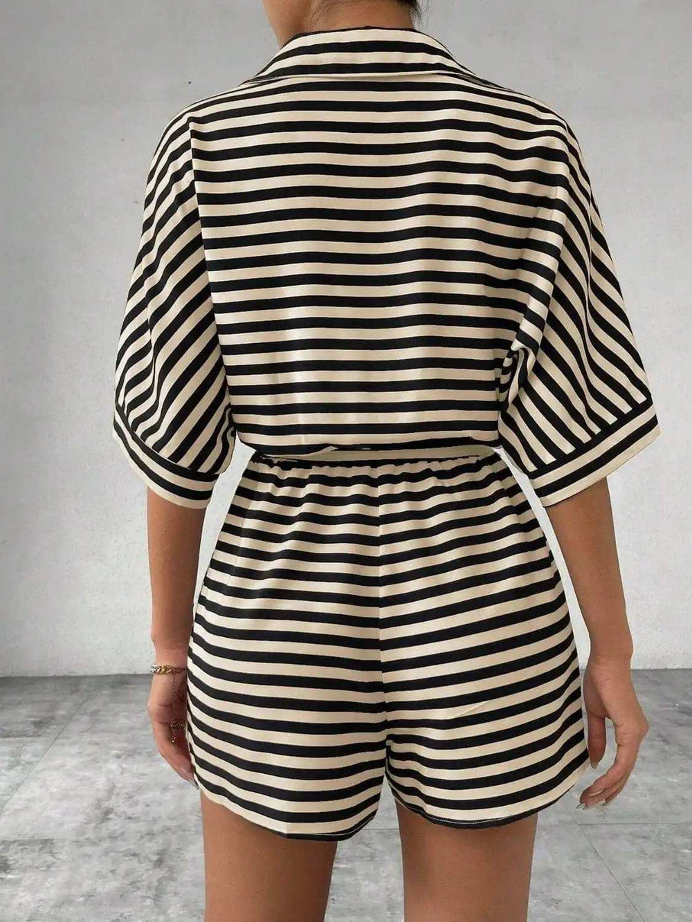 Tie Waist Half Button Striped Romper - Trendsi - Flyclothing LLC