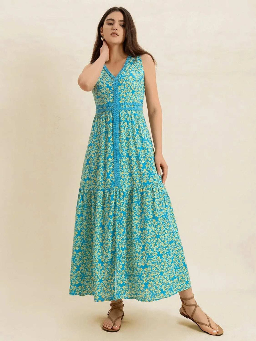 Slit Printed V-Neck Sleeveless Dress - Trendsi - Flyclothing LLC