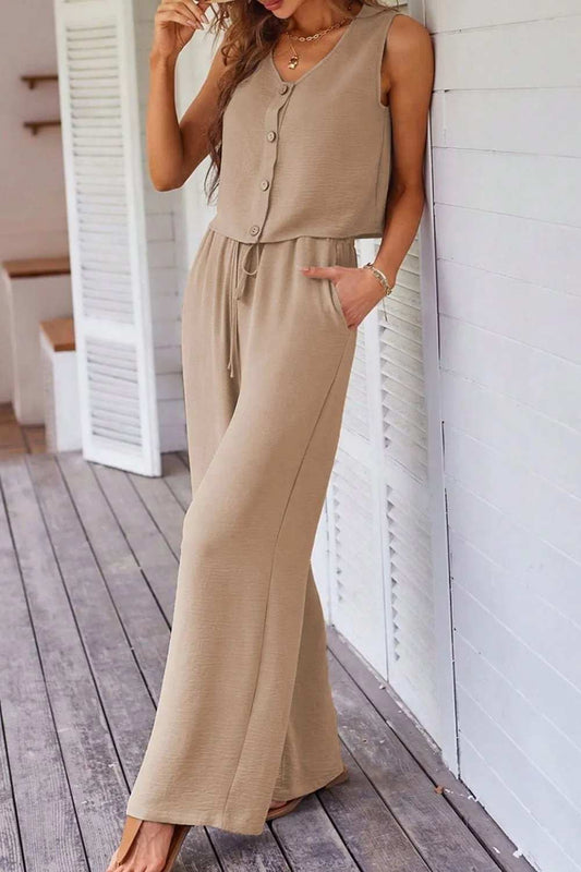 Button Down Vest and Drawstring Wide Leg Pants Set - Trendsi - Flyclothing LLC