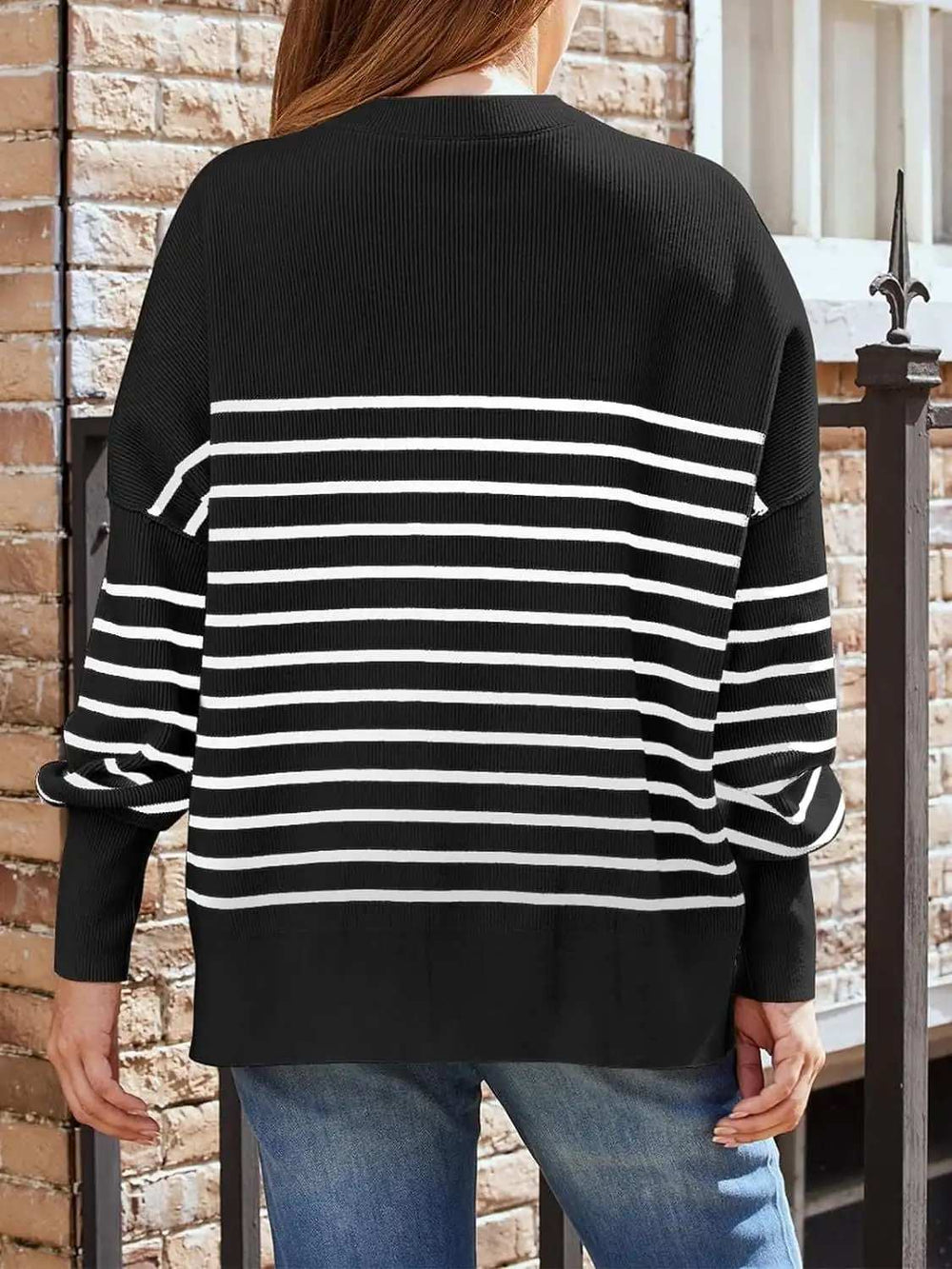 Striped Round Neck Long Sleeve Sweatshirt - Trendsi - Flyclothing LLC