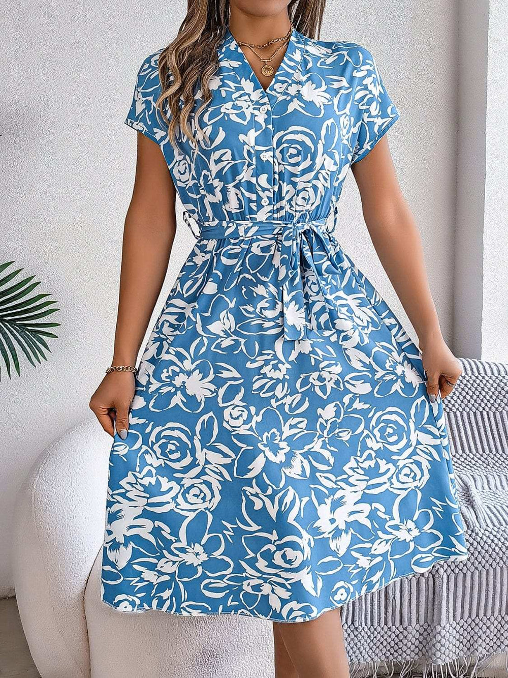 Printed V-Neck Short Sleeve Dress - Trendsi - Flyclothing LLC