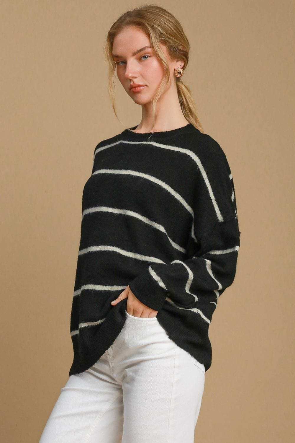 Umgee Wool Blend Striped Round Neck Sweater - Trendsi - Flyclothing LLC