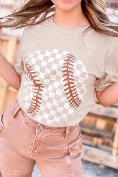 Contrast Checkered Baseball Graphic Round Neck Short Sleeve T-Shirt - Trendsi - Flyclothing LLC