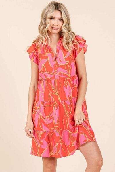 Mittoshop Leaf Print Ruffle Sleeve Tiered Mini Dress - Trendsi - Flyclothing LLC