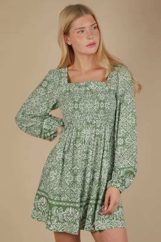 VERY J Printed Smocked Chest Boho Mini Dress - Trendsi - Flyclothing LLC