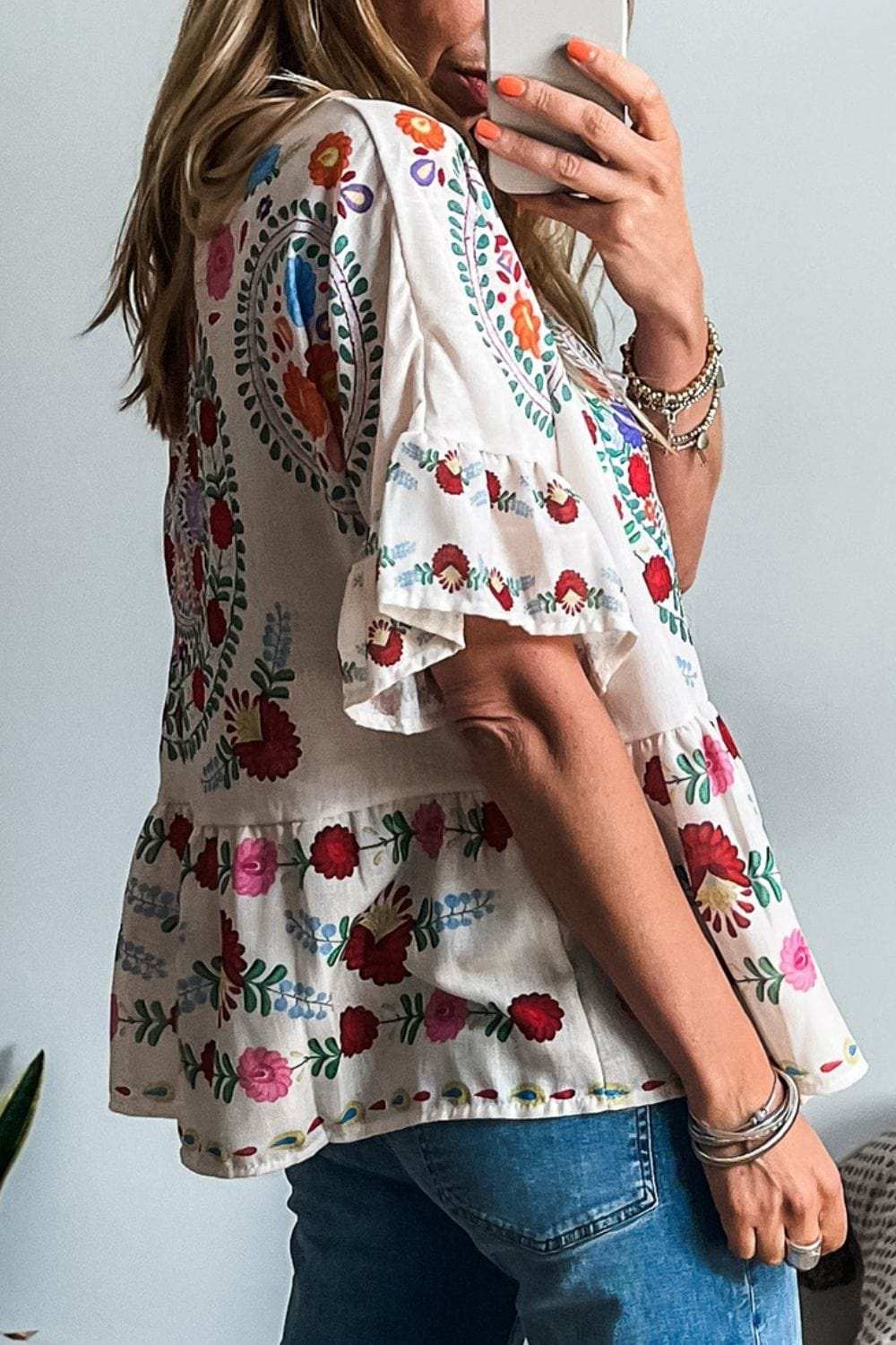 Floral Print Round Neck Ruffle Trim Blouse - Trendsi - Flyclothing LLC