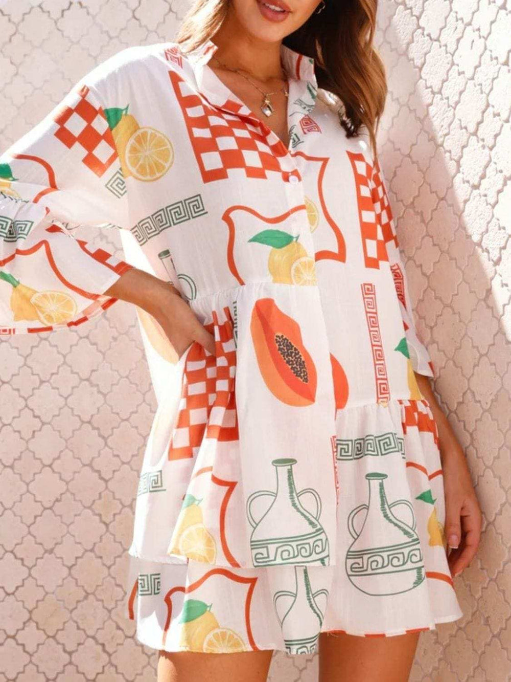 Printed Three-Quarter Sleeve Mini Dress - Trendsi - Flyclothing LLC