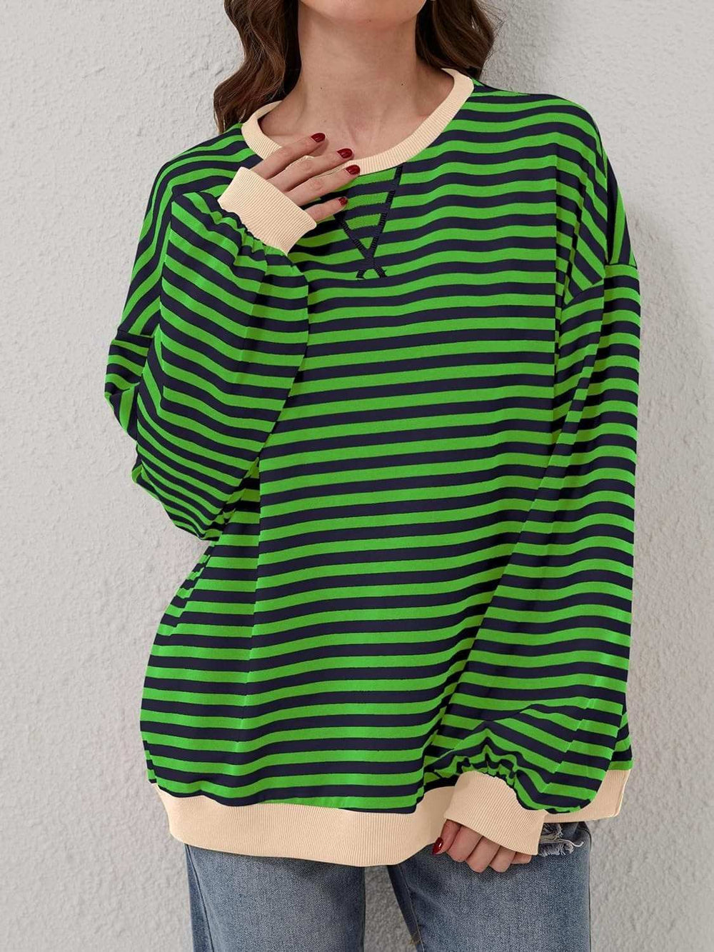 Contrast Striped Long Sleeve Sweatshirt - Trendsi - Flyclothing LLC