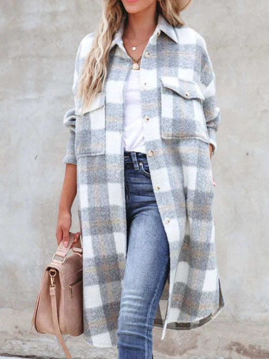 Oversized Plaid Button Up Longline Jacket - Trendsi - Flyclothing LLC