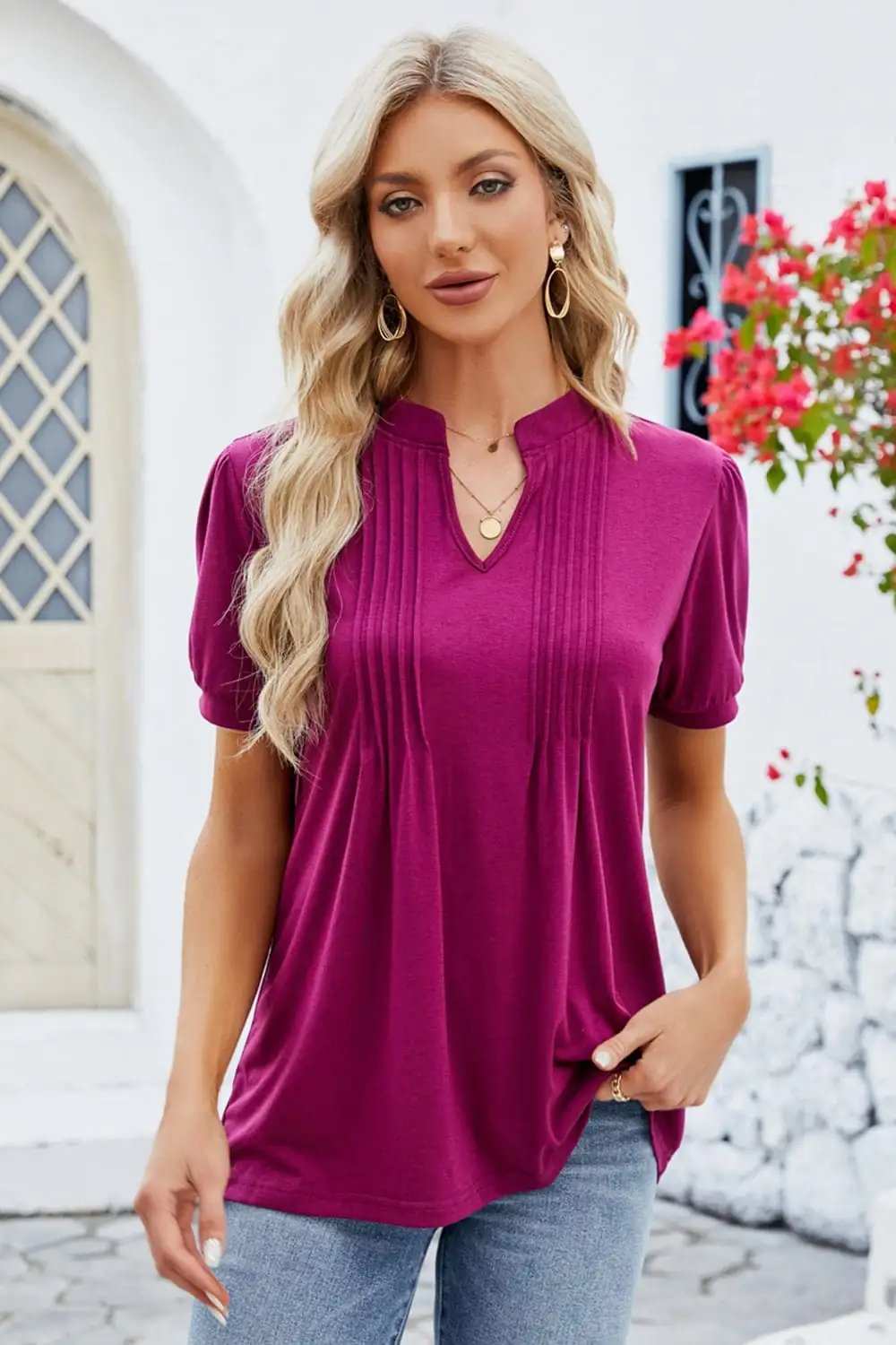 Notched Short Sleeve T-Shirt - Trendsi - Flyclothing LLC