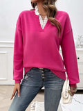 Lace Detail Notched Long Sleeve Sweater - Trendsi - Flyclothing LLC