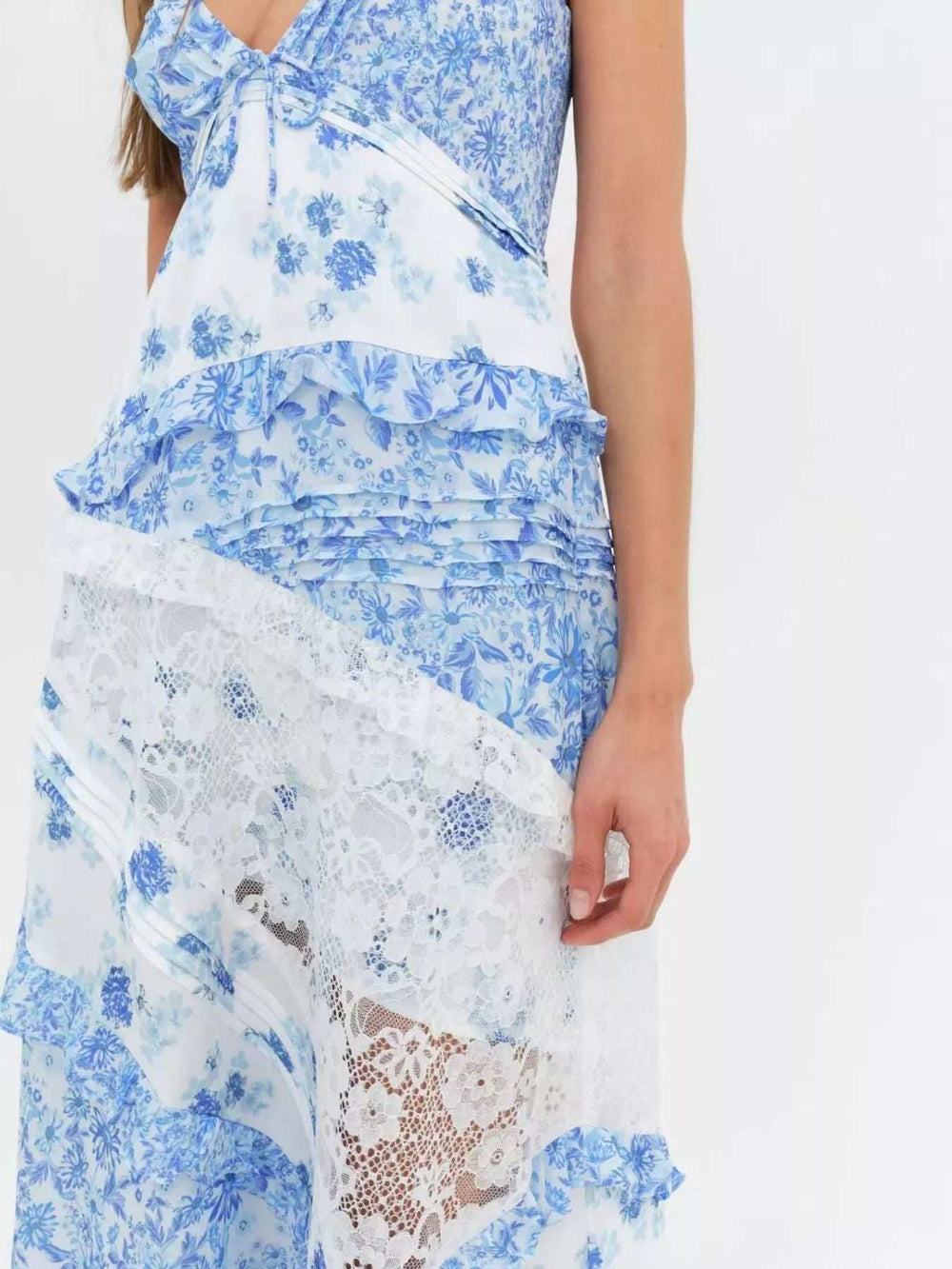 Lace Detail Ruffled Floral V-Neck Maxi Dress - Trendsi - Flyclothing LLC