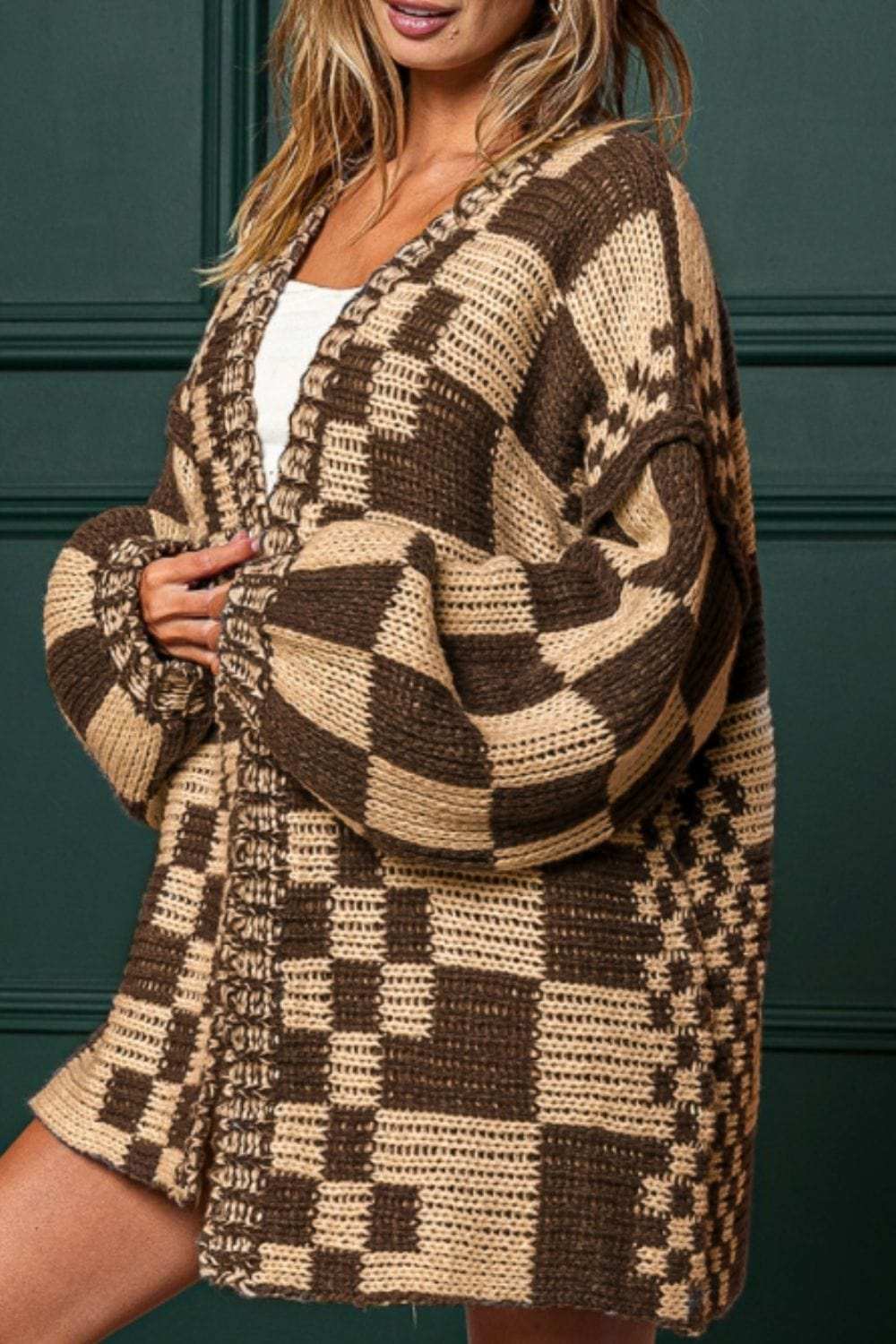 Checkered Open Front Long Sleeve Cardigan - Trendsi - Flyclothing LLC