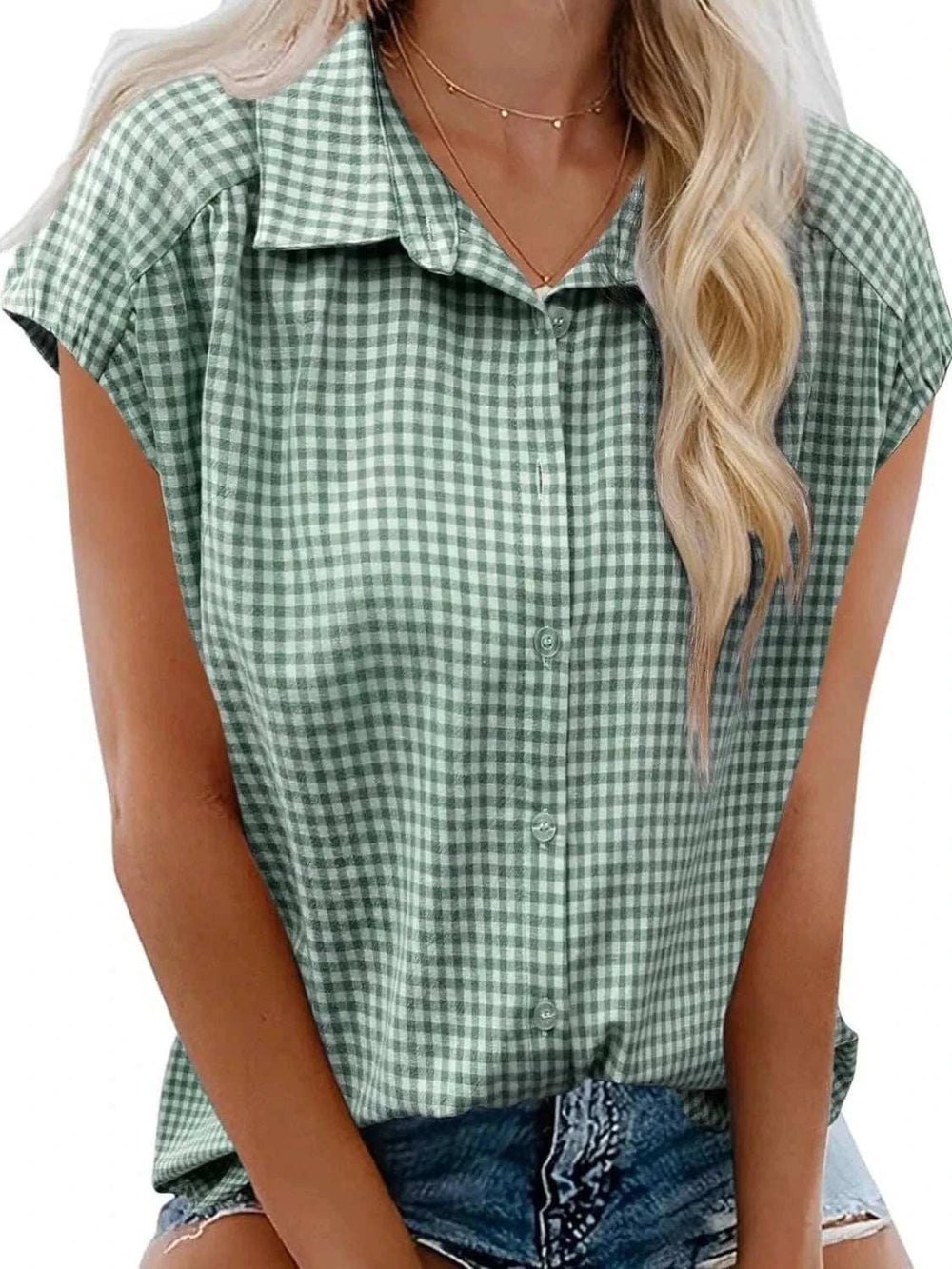 Plaid Button Up Cap Sleeve Shirt - Trendsi - Flyclothing LLC