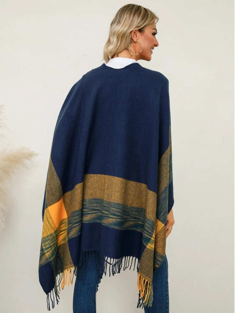 Fringe Contrast Plaid Poncho - Trendsi - Flyclothing LLC