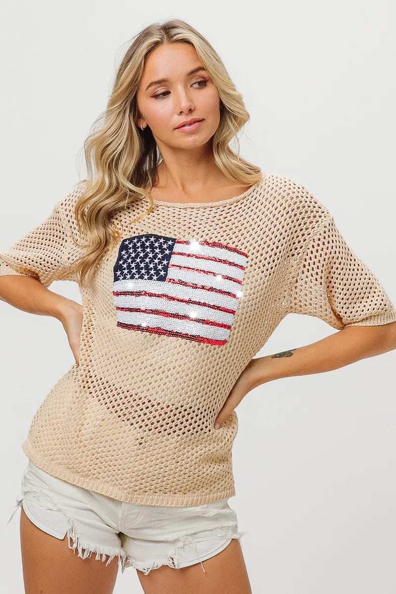 BiBi Sequin American Flag Knit Cover Up - Trendsi - Flyclothing LLC