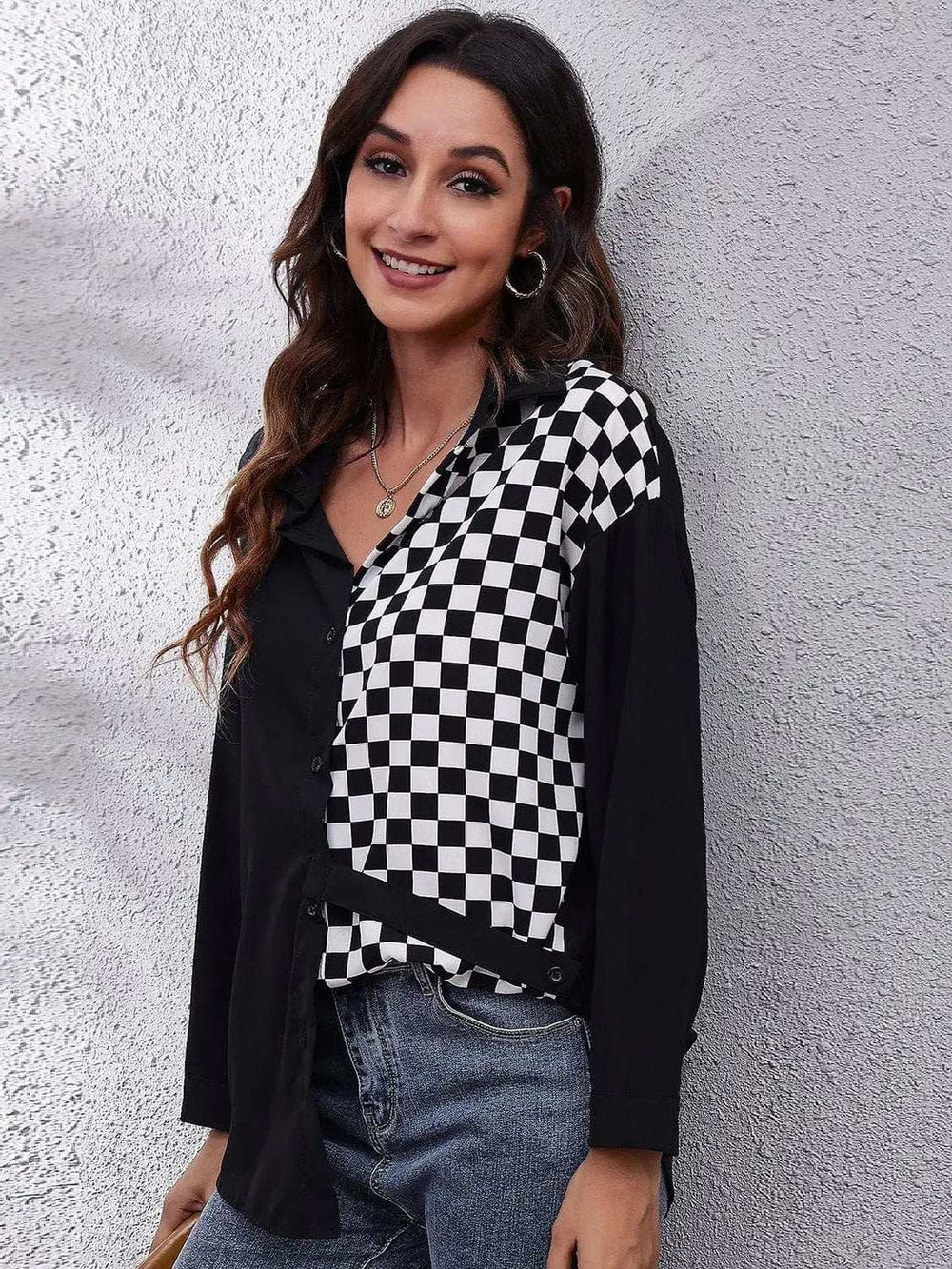 Printed Collared Neck Long Sleeve Shirt - Trendsi - Flyclothing LLC
