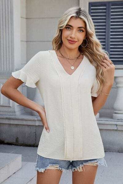 V-Neck Short Sleeve Blouse - Trendsi - Flyclothing LLC