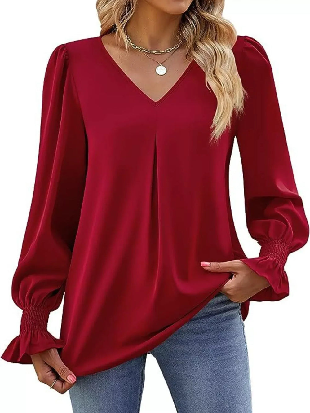 V-Neck Long Sleeve Ruffle Cuff Blouse - Trendsi - Flyclothing LLC