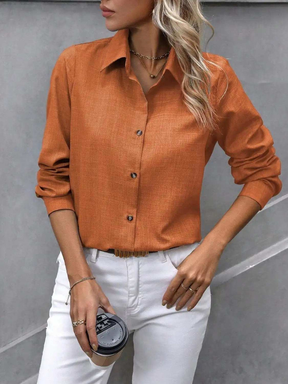 Button Up Collared Neck Long Sleeve Shirt - Trendsi - Flyclothing LLC