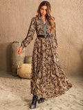 Ruched Printed Notched Long Sleeve Maxi Dress - Trendsi - Flyclothing LLC